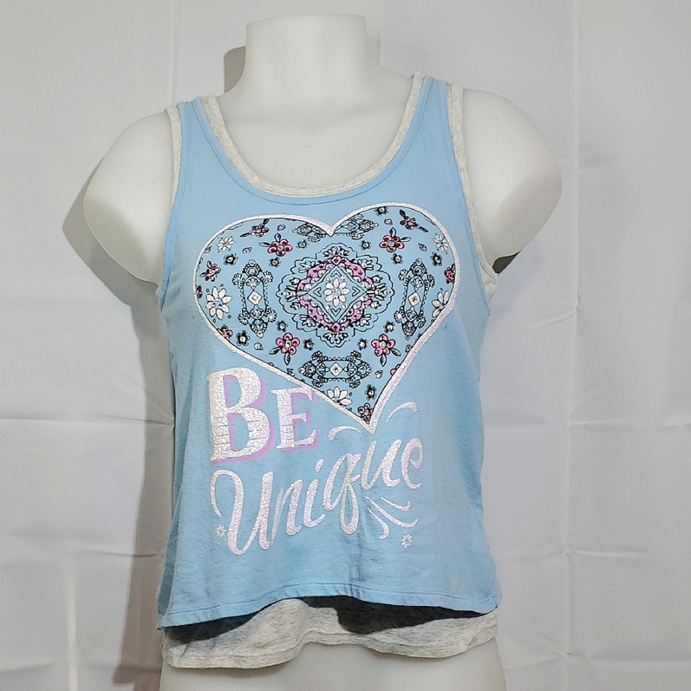 Justice "Be Unique" Blue Heart/Rhinestone Dual-Layer Tank Top - Kids 14